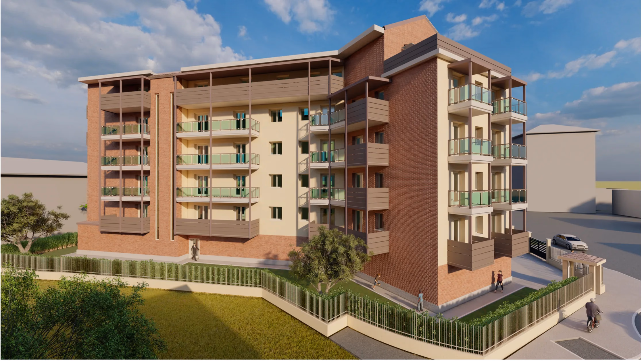 Il Condominio Einaudi 2 visto dal giardino recintato, con la facciata in mattoni e intonaco chiaro, i balconi su più piani e i vialetti d'accesso