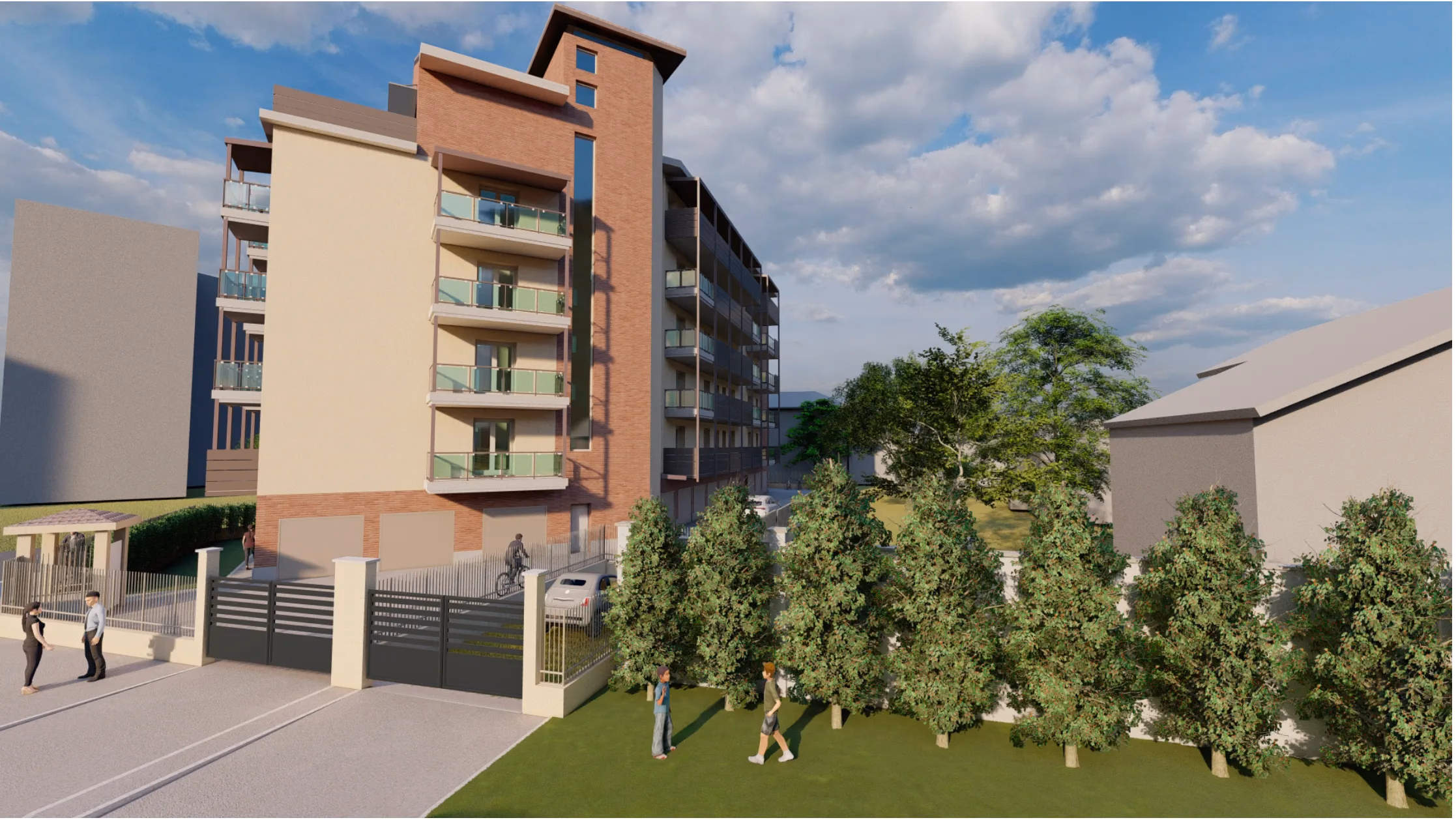 Vista d'arrivo del condominio dalla strada, con il cancello pedonale, il filare di alberi lungo la recinzione e la torretta in mattoni sull'angolo