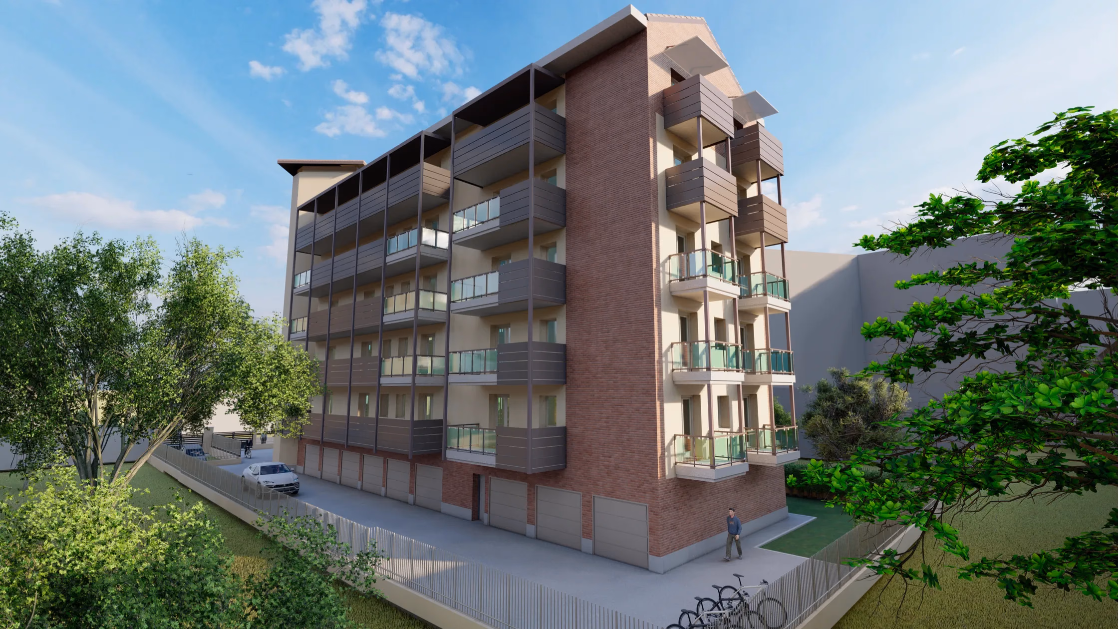 Rendering ravvicinato di un angolo del Condominio Einaudi 2, con i balconi con balaustre in vetro su ogni piano e i box auto al piano terra