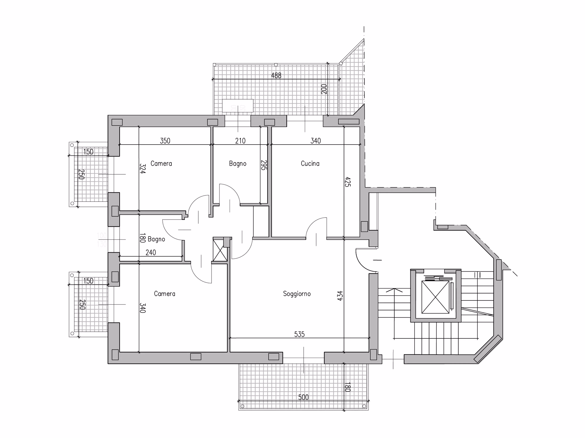 Pianta quotata dell'alloggio 1, in scala 1:100, con le misure delle stanze, rappresentativa degli interni 1, 5, 9 e 13: 4 locali e 110 m² di superficie commerciale.