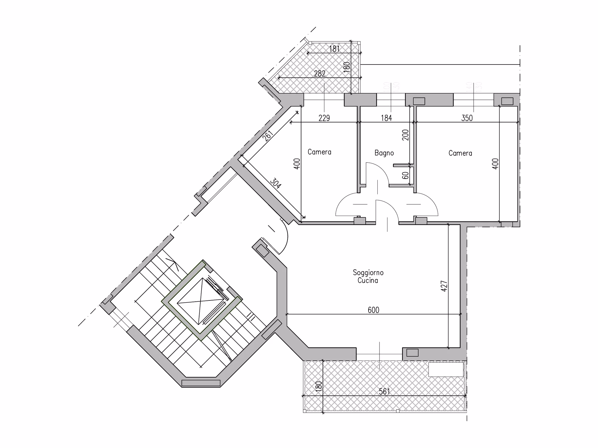 Pianta quotata dell'alloggio 2, in scala 1:100, con le misure delle stanze, rappresentativa degli interni 2, 6, 10 e 14: 3 locali e 80 m² di superficie commerciale.