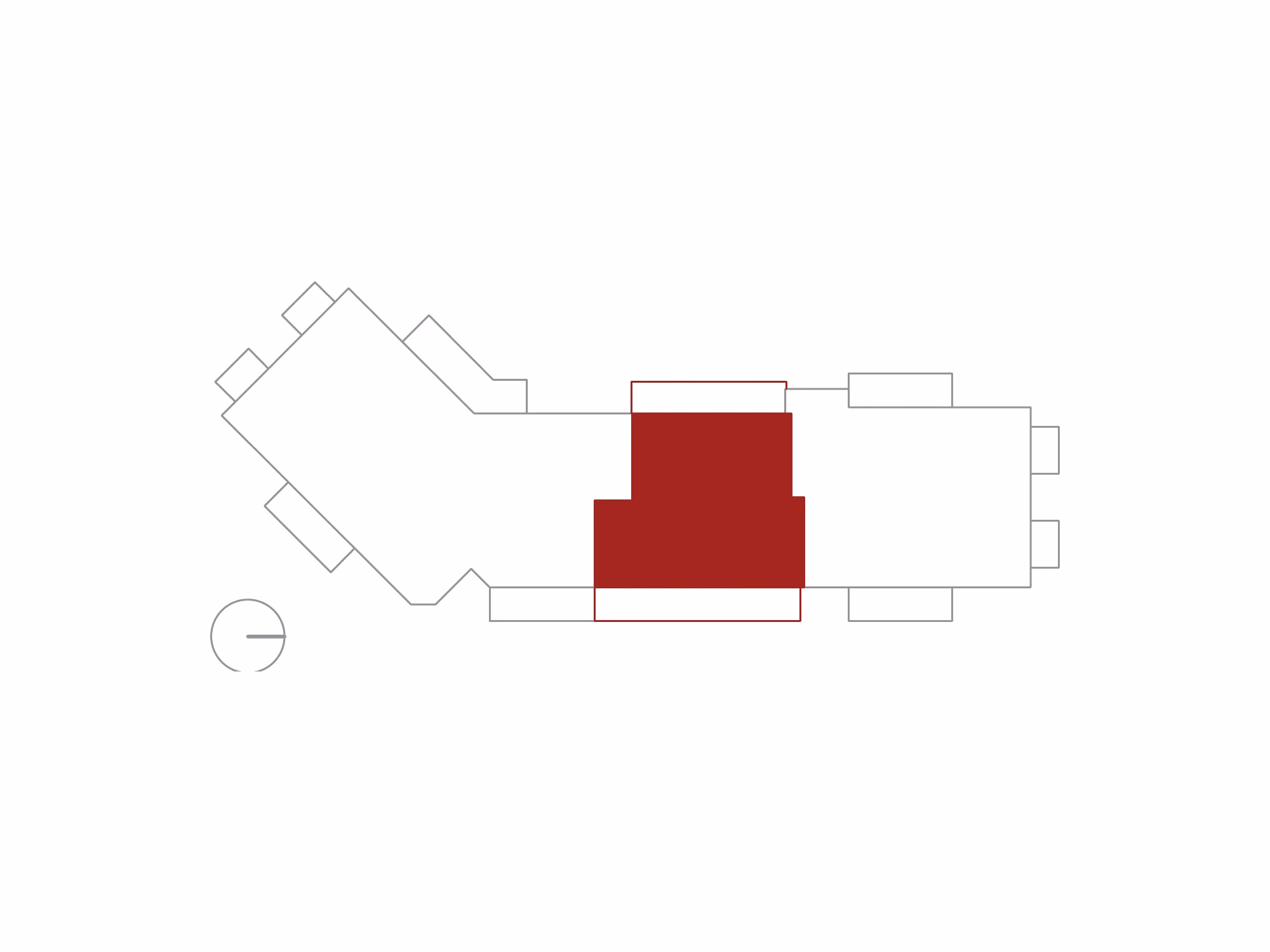Schema dell'edificio visto dall'alto, con l'alloggio 3 evidenziato in rosso.