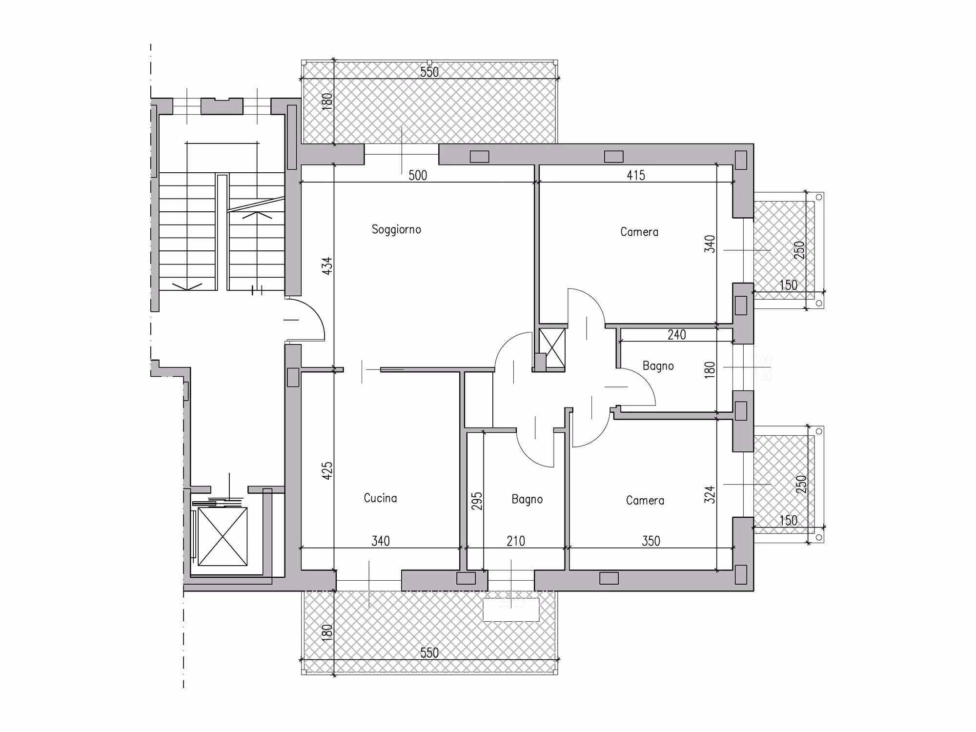 Pianta quotata dell'alloggio 4, in scala 1:100, con le misure delle stanze, rappresentativa degli interni 4, 8, 12 e 16: 4 locali e 110 m² di superficie commerciale.